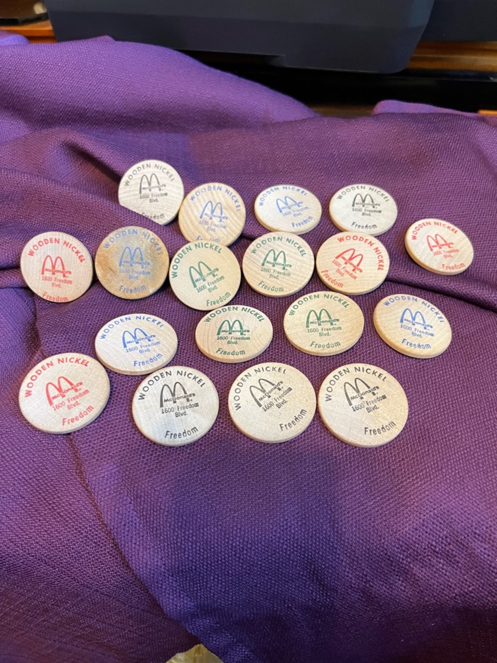McDonald's Wooden Nickels Set with Red, Blue, Green and Black  14 total